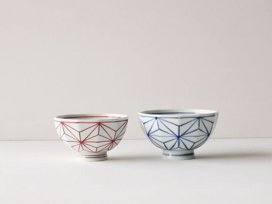 麻の葉 面取り 大小 茶碗 吉田焼 レッド（小）