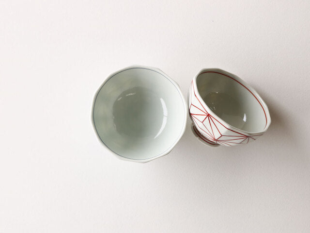 麻の葉 面取り 大小 茶碗 吉田焼 レッド（小）